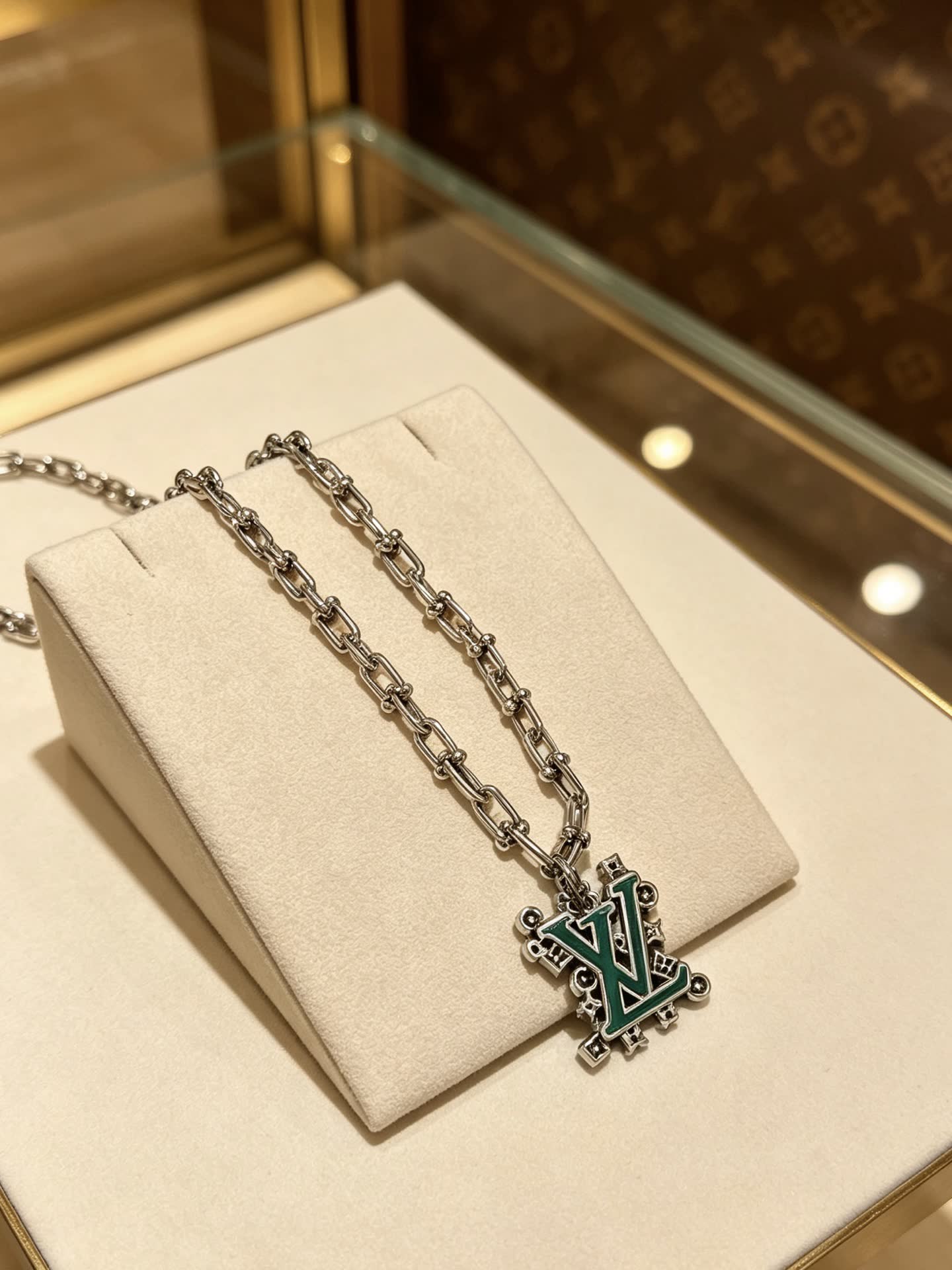 Louis Vuitton Silver Tone Chain Necklace with LV Pendant